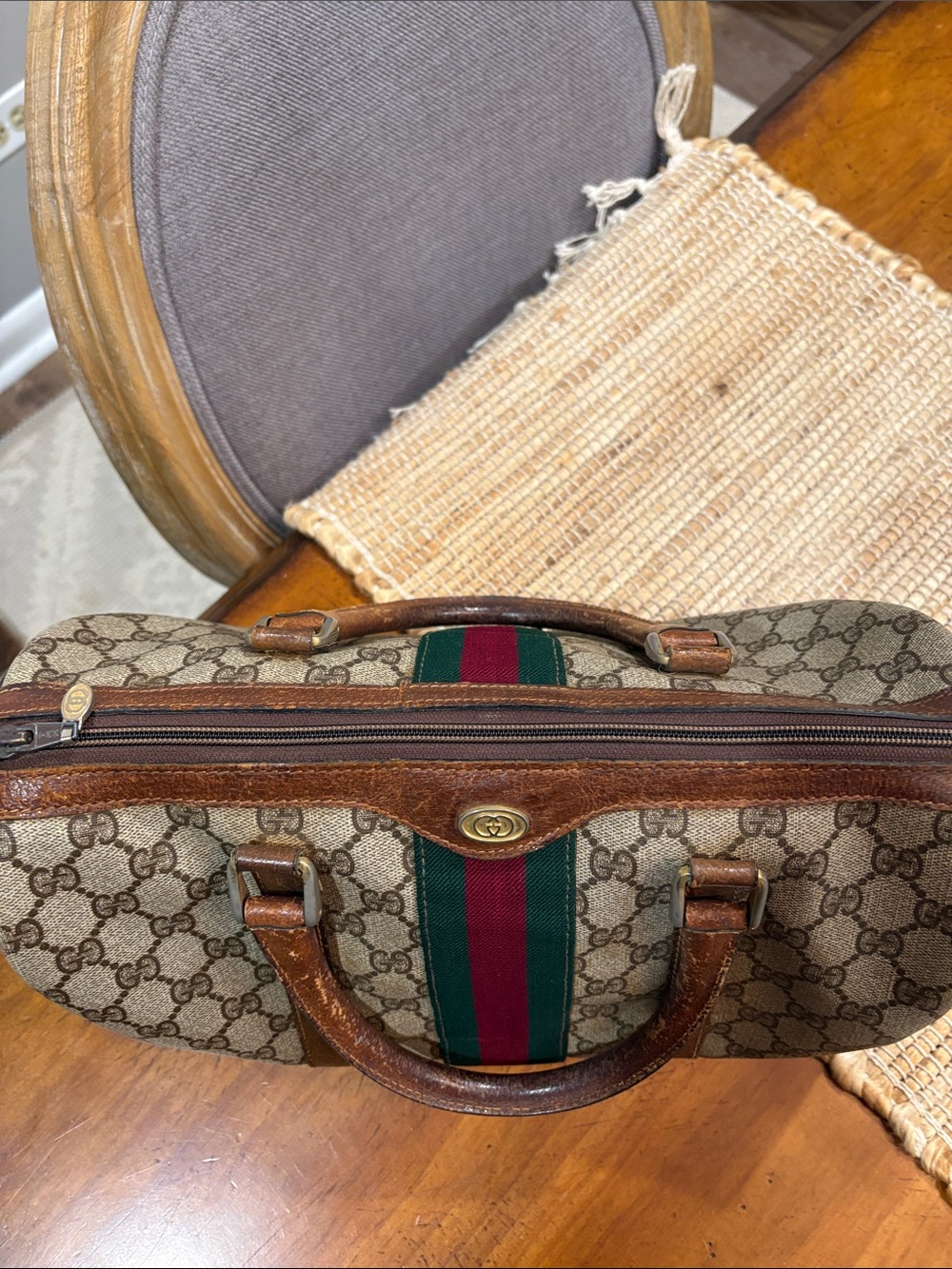 Gucci Brown Monogram Boston Bag with Green and Red Stripe - Picture 7 of 14